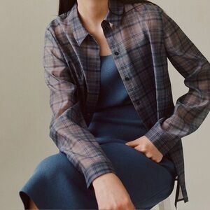 COS Plaid Button Up Blouse Shirt Semi-Sheer Blue Size 4